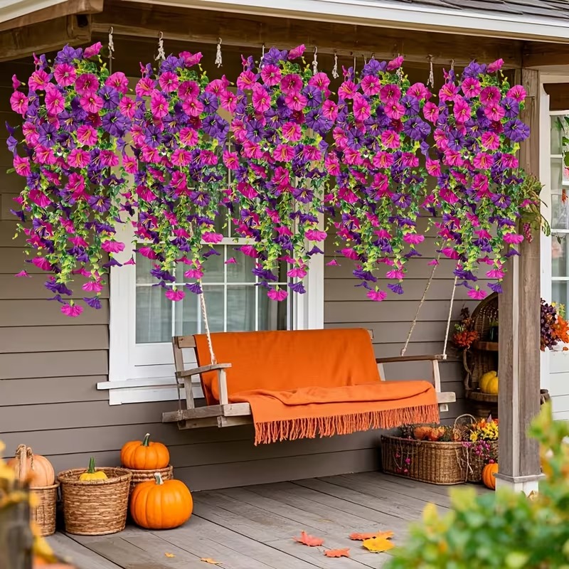 Four morning glory hanging decorations, paired with woven morning light and eucalyptus leaves, suitable for office and garden decoration, Thanksgiving