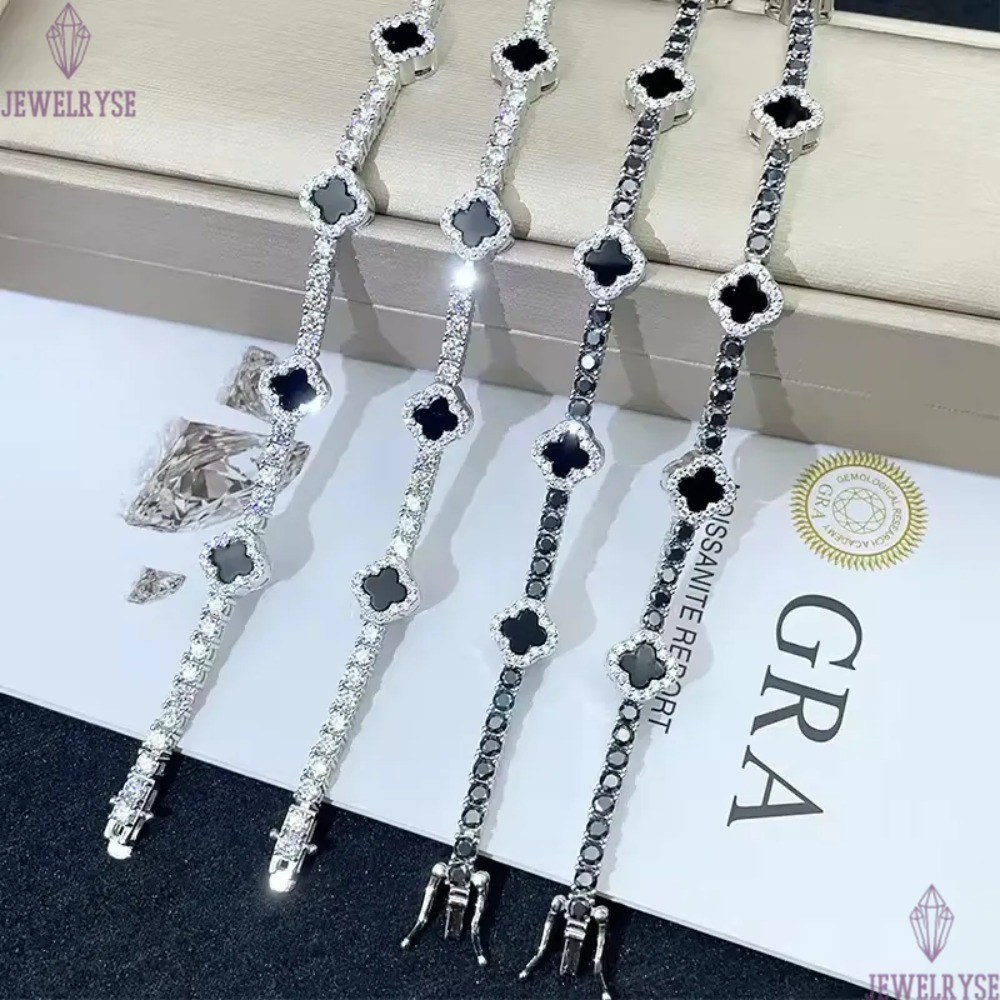 New Design 3mm 925 Sterling Silver Luxury Hip Hop Moissanite Diamond Tennis Chain Bracelets Four Cleef Clover Pass Test