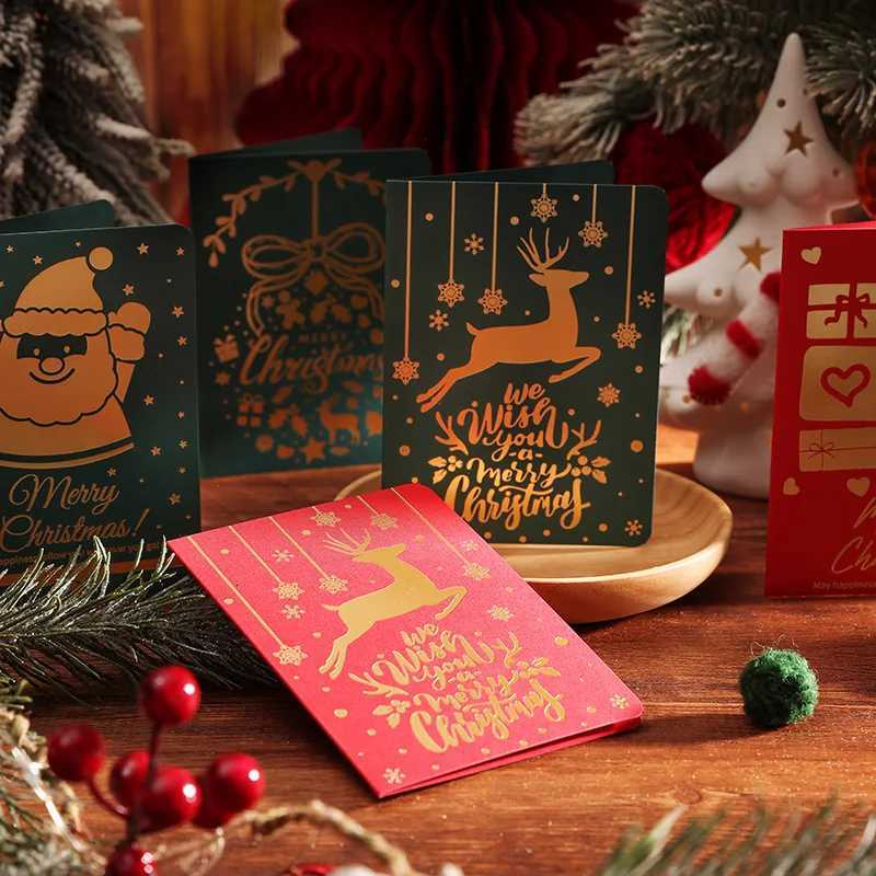 6pcs Christmas Greeting Card Red Green Hot Stamping Christmas Blessing Greeting Cards Envelope New Year Postcard Gift Card 2025 H251210