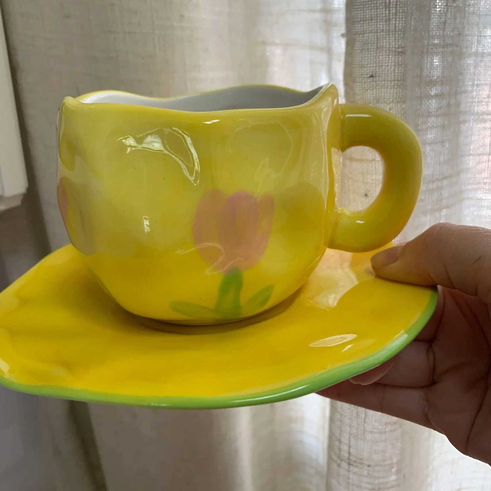 300ML 10OZ Korean Style Kawaii Cute Ceramic Mugs Handmade Flower Pattern Breakfast Coffee Milk Cup with Dish and Spoon C251210