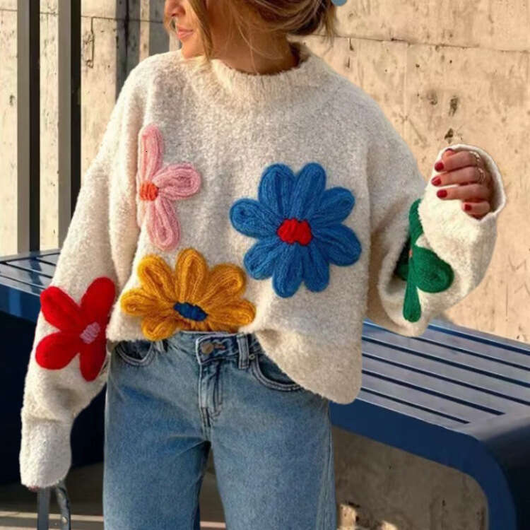 Long Sleeved Outwear Warm Loose Jumper Streetwear Women's Knit Casual Sweaters Flowers Decorative Top Pullovers Knitwear