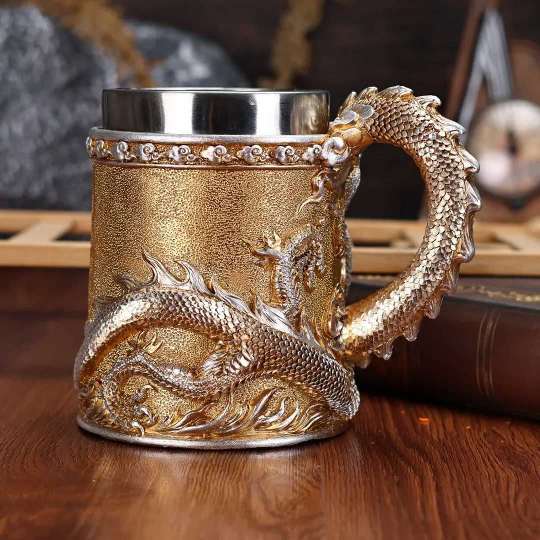 600ML Golden Copper Dragon Beer Resin Tankard 304 Stainless Steel Medieval Tea Cup Coffee Beer Mug Copper Color New Party Bar C251210