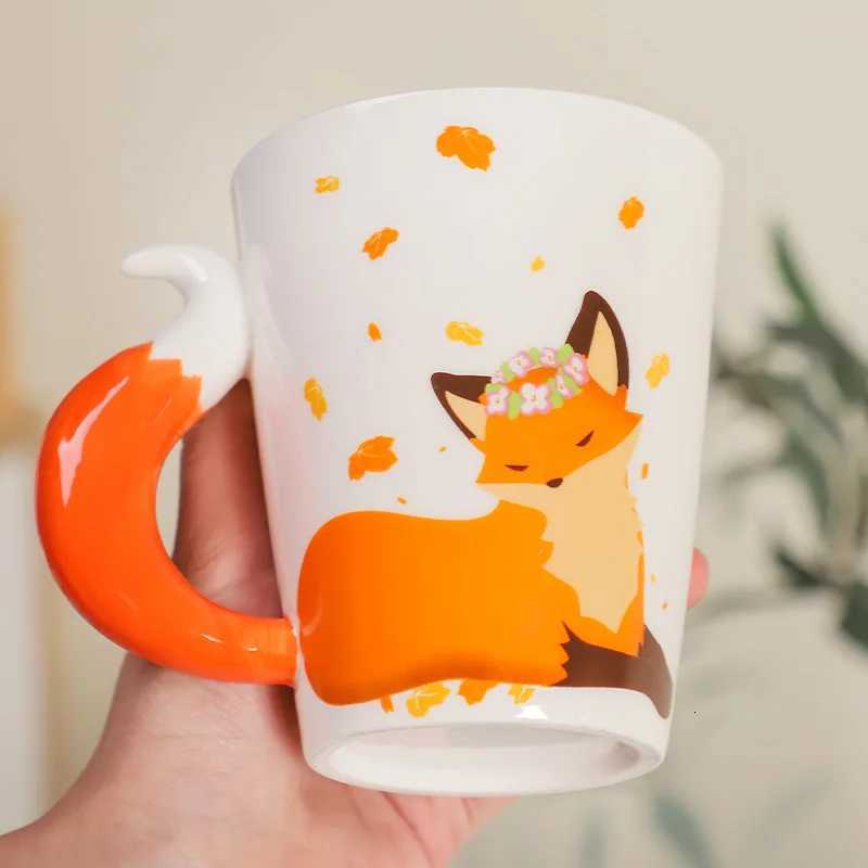 Creative Animal Ceramic Mug cartoon animal coffee cup Ceramic fox Cartoon Coffee mugs fox tail Handle Personzed water Cups C251210