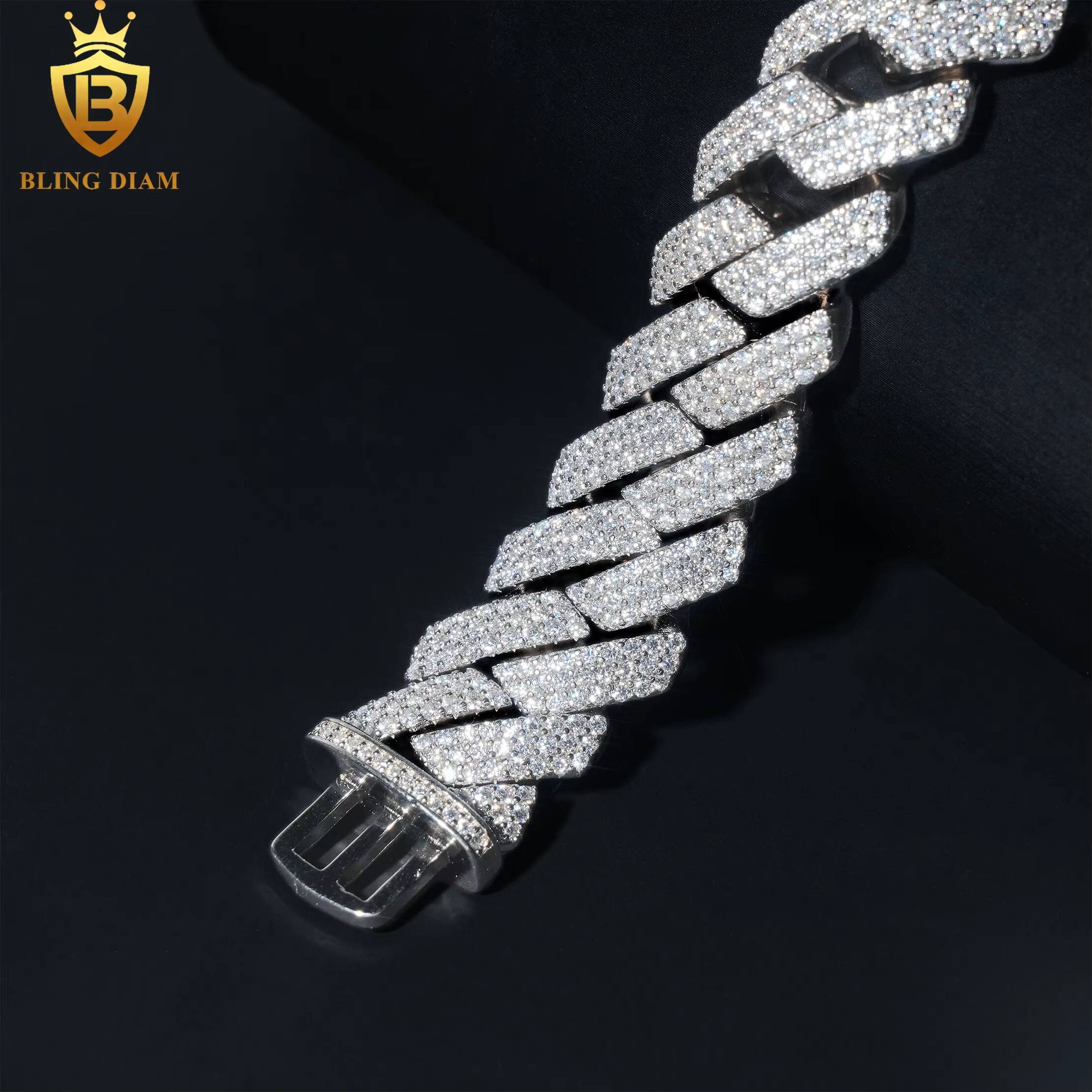 18mm Hip Hop Miami Cuban Link Chain 3Rows 925 Sterling Silver Vvs Moissanite Iced Out Bracelet