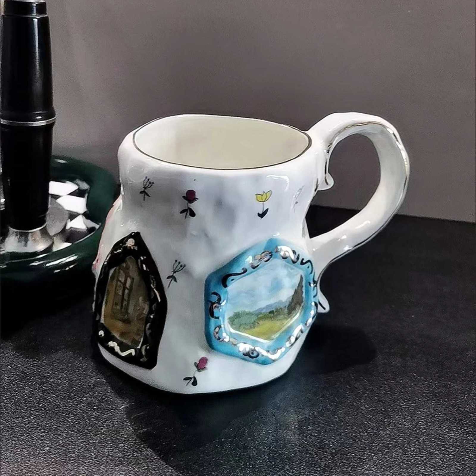Retro Hand-painted Ceramic Mug Gold Painted Coffee Mugs Large Capacity Breakfast Milk Cups Couple Tea Cup Set Gift C251210
