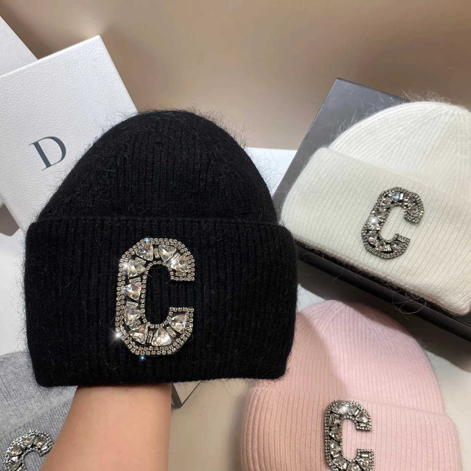 Luxury Luxury Rhinestone Letter C Knitted Hat Real Rabbit Fur Women Men Winter Warm Beanie Ear Protection Sking Skullies Beanies Cap Y251209