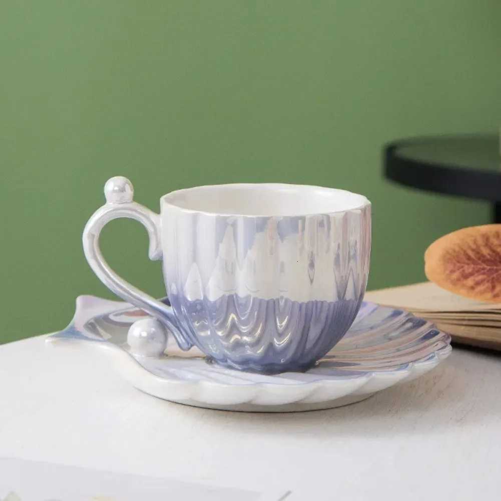 Shell Mug Cup Ceramic Coffee Cups Creative Rare Pearl Plates Set Dessert Dish Milk Tea Tools Changes Color Temperature Glass Mug C251210