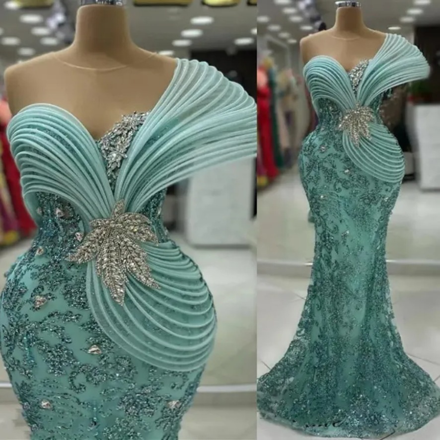 Aso Ebi Mint Mermaid Prom Dresses Stylish Rhies Sheer Neck Sequined Evening Formal Party Second Reception Birthday Gowns Dress For Special Ocns 1210
