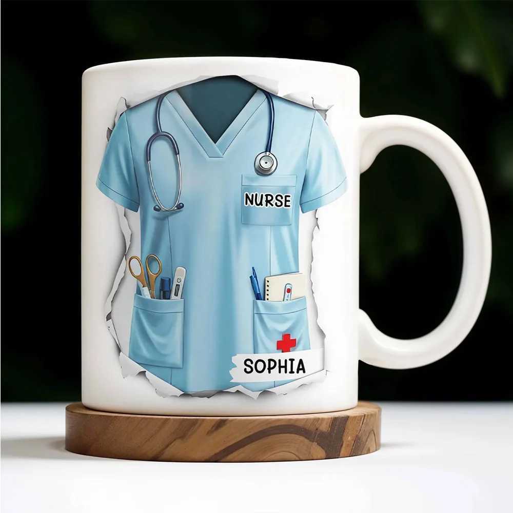 Custom Nurse Day Gift Ceramic Mug with Engraving - Premium White Cup with Medical Motifs C251210