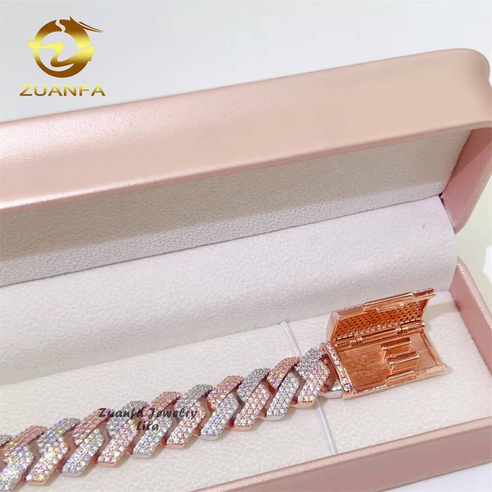 Custom 14mm Moissanite Jewellery Two Tone Rose Gold Cuban Link Chain Men Moissanite Cuban Link Bracelet