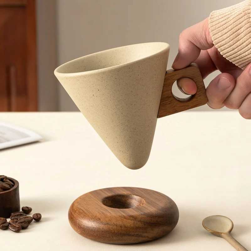 JUSTINLAU Retro Ceramic Coffee CupSolid Wood Saucer Set Coffee Mug with Solid Wood Handle Exquisite Home Coffee CupsSaucers C251210