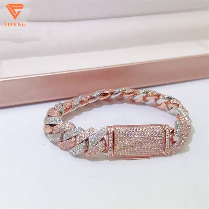 Custom 15mm 925 Sterling Silver Fine Chains Mens Two-Tone Rose Gold Cuban Link VVS Moissanite Diamond Test Ice Charms Bangles