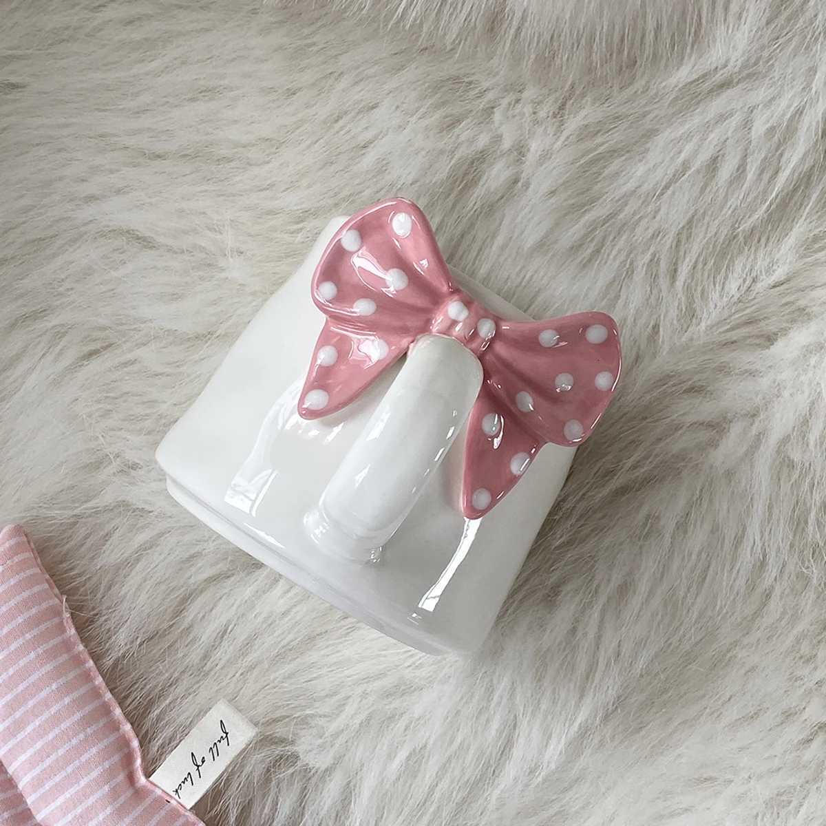 1Pc Polka Dot Bow Mug Creative Bow Handle Ceramic Mug Exquisite Polka Dot Design Suitable for Home Decoration Living Room Bedroom Diningt C251210