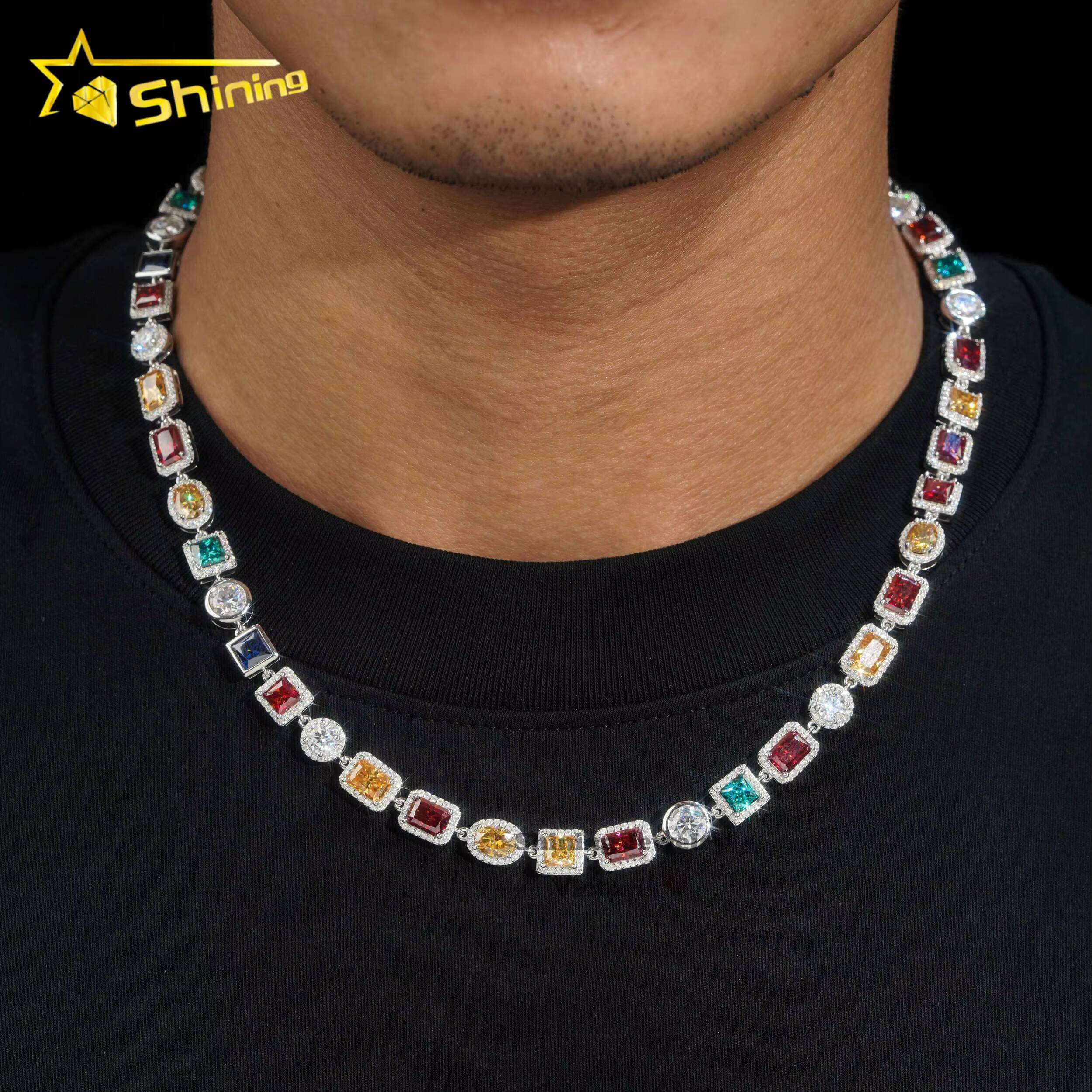 New Fashion Halo Style 925 Sterling Silver VVS Moissanite Diamond Colorful Jewelry 10MM Moissanite Cluster Tennis Chain Necklace
