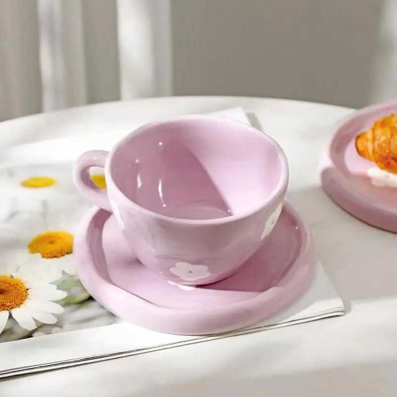 250ml Japanese Retro Hand-Painted Purple Small Flower Ceramic Cups with Saucers Hand Pinched Irregular Coffee Mug Set C251210