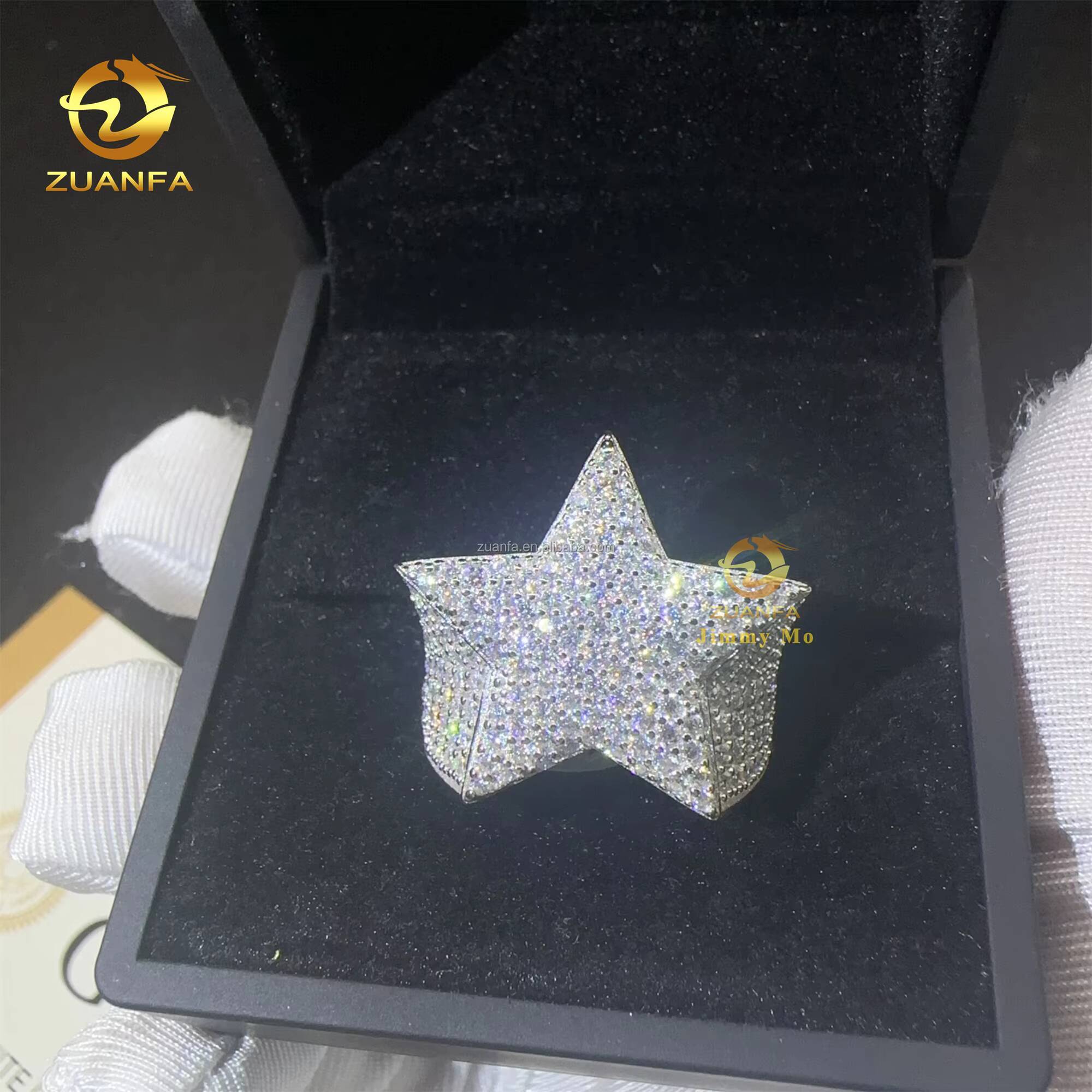 Fashion Jewelry Wholesale Sterling Silver Full with GRA 925 Iced Out Hip Hop Men Fashion Vvs Moissanite Star Ring for Man
