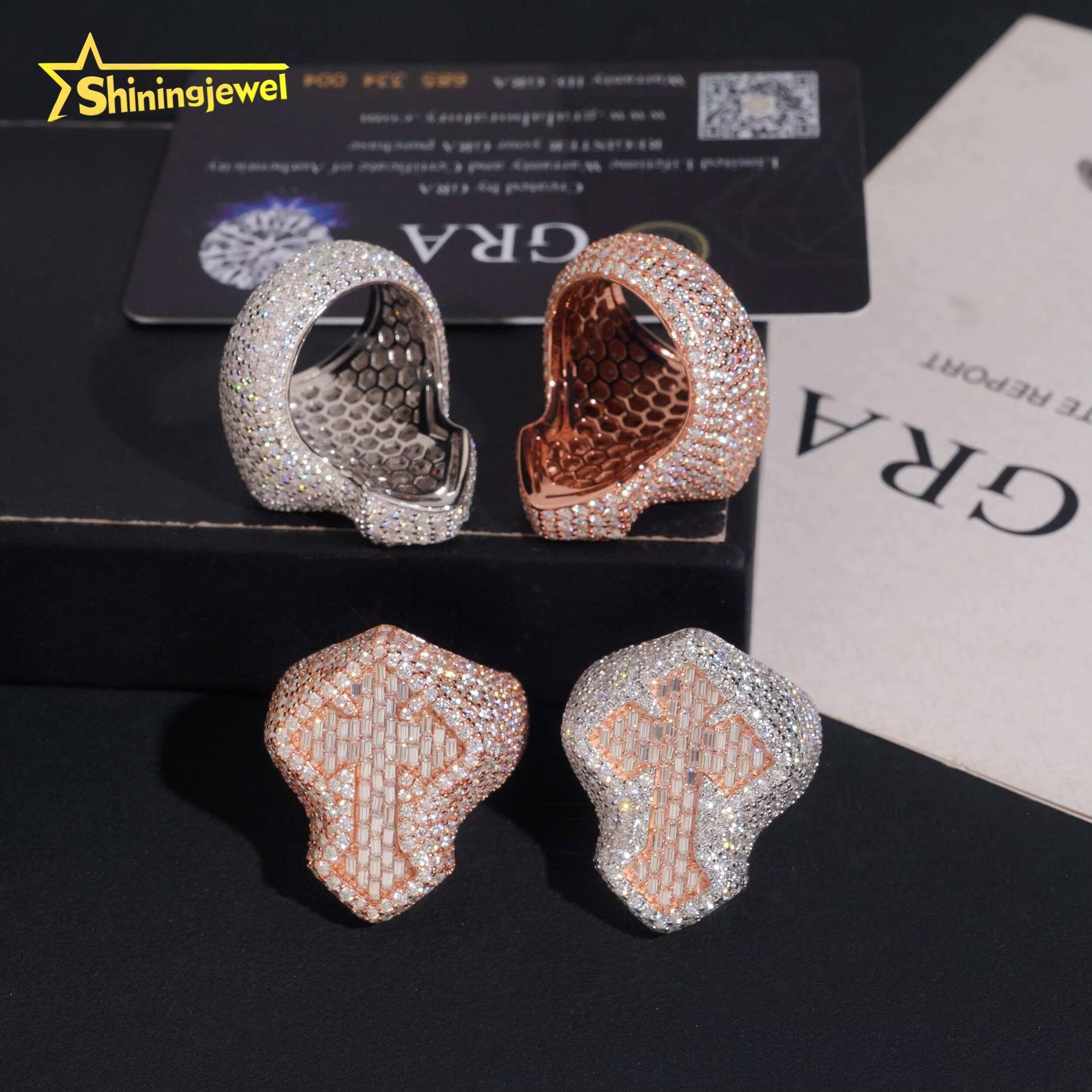 IG Hot Selling 2 Tone Plated Baguette Moissanite Ring Hip Hop Cross Ring Stocks 925 Silver Fully Iced Championship Ring VVS GRA