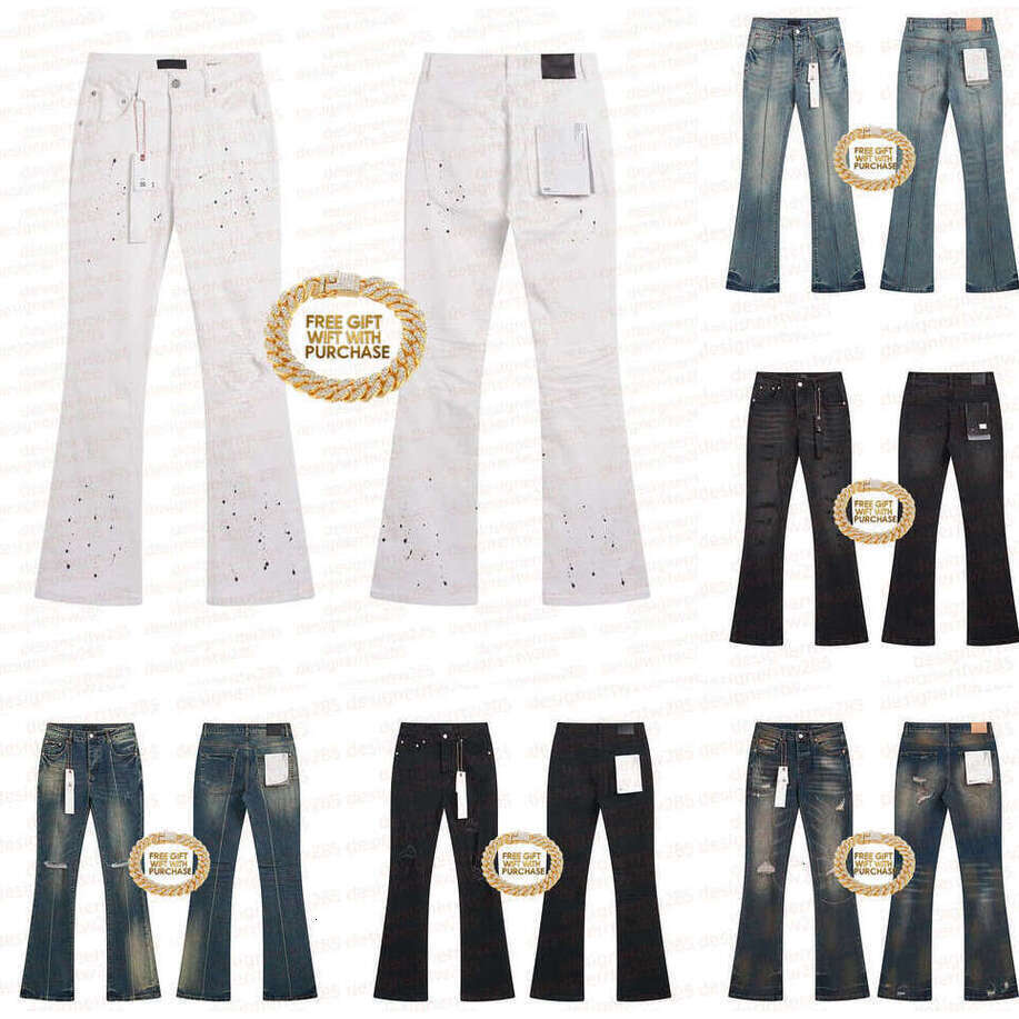 Purples Flared Jean Designer mens Flared Jeans Light Blue Washed Distressed Ripped Splatter Denim Pants 5A Vintage Wash brands Jeans for mens