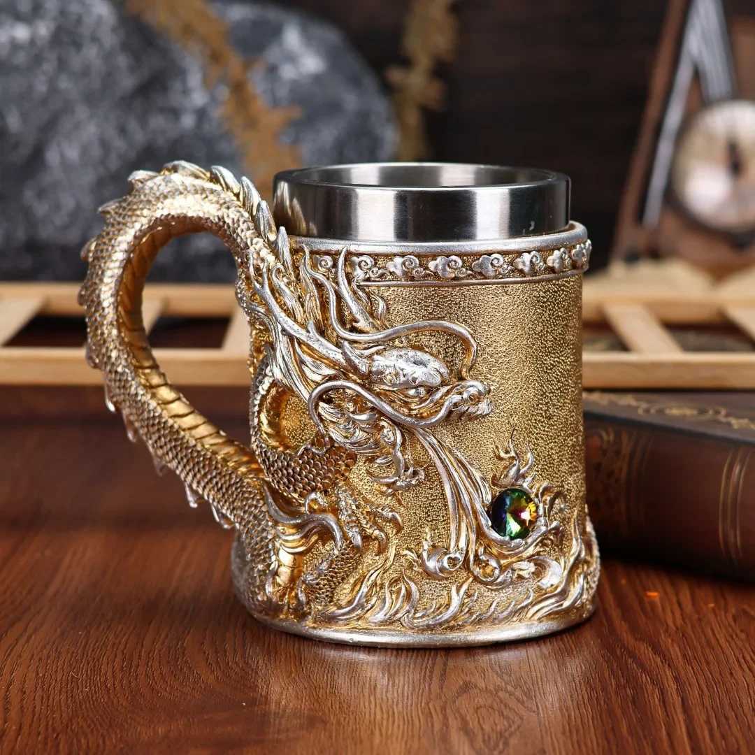 600ML Golden Copper Dragon Beer Resin Tankard 304 Stainless Steel Medieval Tea Cup Coffee Beer Mug Copper Color New Party Bar C251210