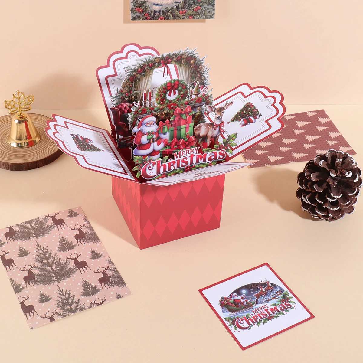 1PC Christmas 3D gift box-shaped greeting card suitable for Christmas blessing messages and gift cards including envelope H251210