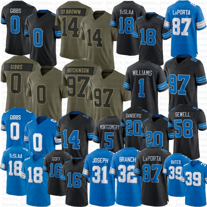 Sam Laporta Jahmyr Gibbs Football Jersey Jack Campbell Barry Sanders TeSlaa Williams Jared Goff Montgomery Penei Sewell Arnold Brian Branch Anzalone Bates Joseph
