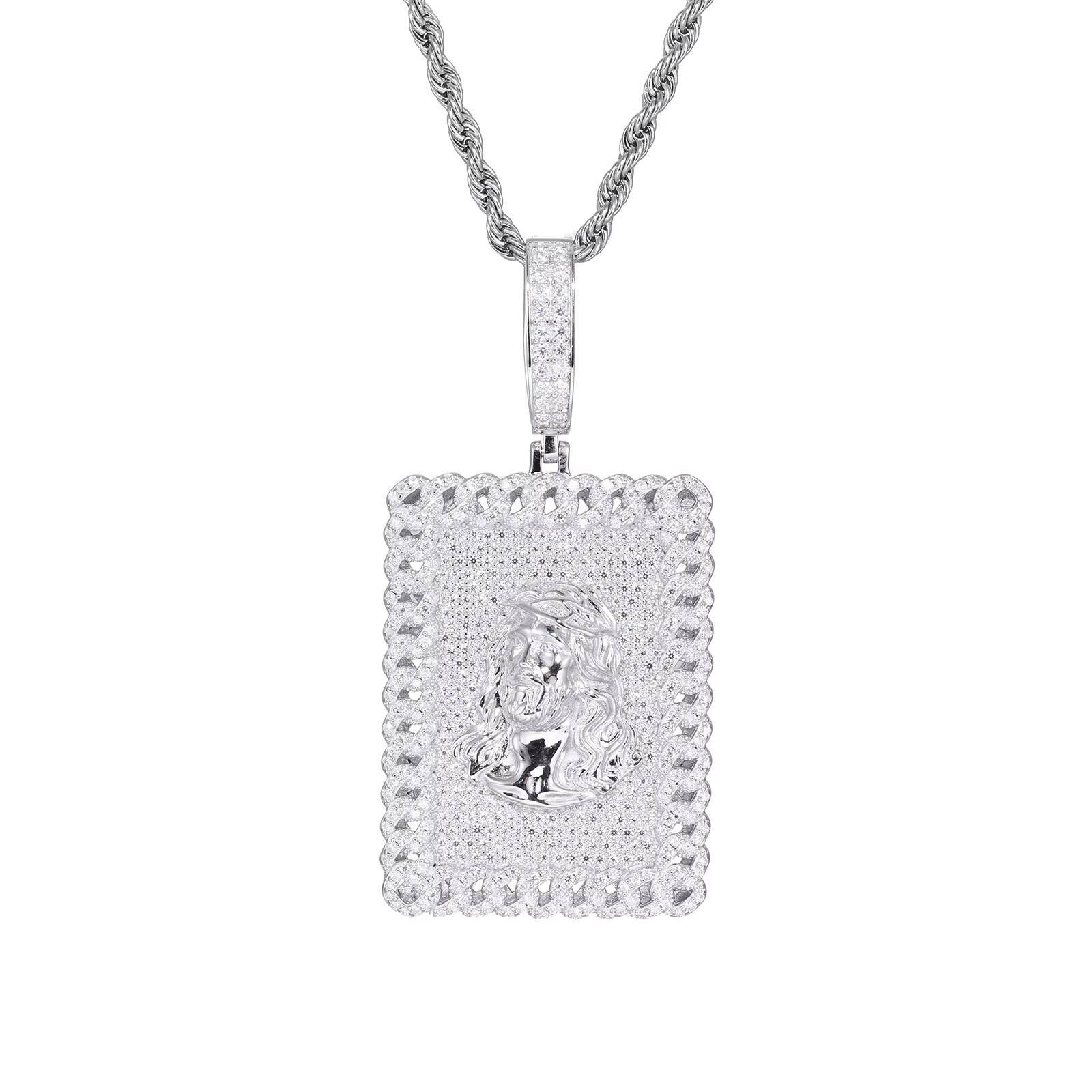 925 Silver Rectangle Micro Pave Gemstones VVS D Moissanite Rhodium Plated Jesus Pendant Hip Hop Style Charm Pendants