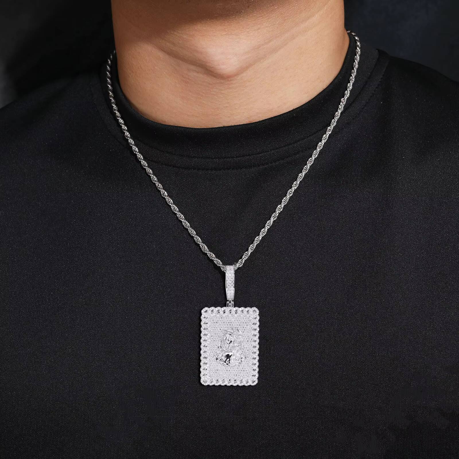 925 Silver Rectangle Micro Pave Gemstones VVS D Moissanite Rhodium Plated Jesus Pendant Hip Hop Style Charm Pendants