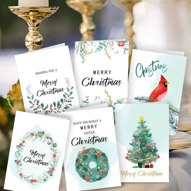 12pcs Merry Christmas Greeting Cards with Envelopes Stickers Folding Type Cartoon Print Gift Cards Christmas Decoration Supplies H251210