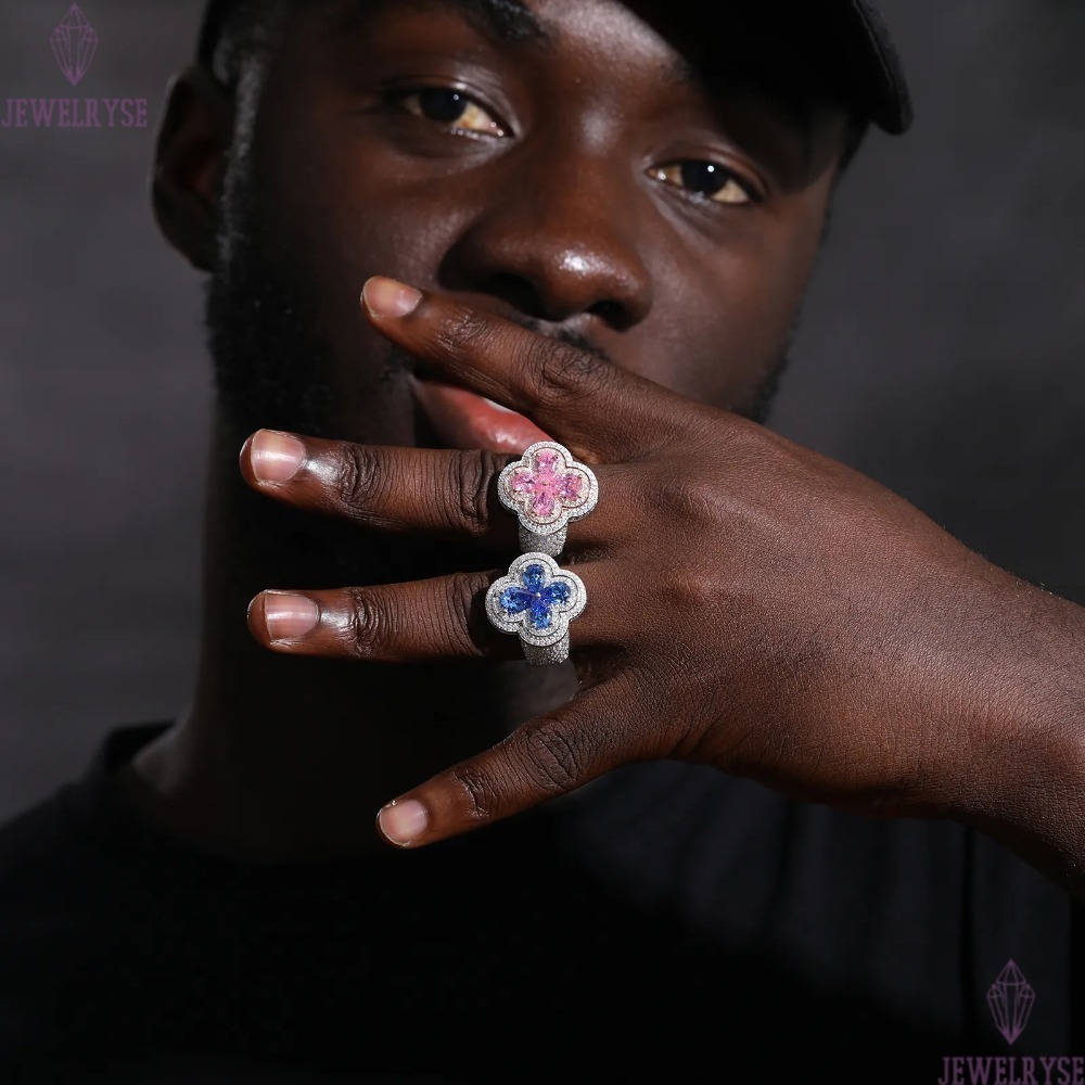 Luxury Wedding Jewelry Couple Lucky Clover Ring 925 Sterling Silver Pink Water Drop VVS Moissanite Diamond Iced Out Cross Ring