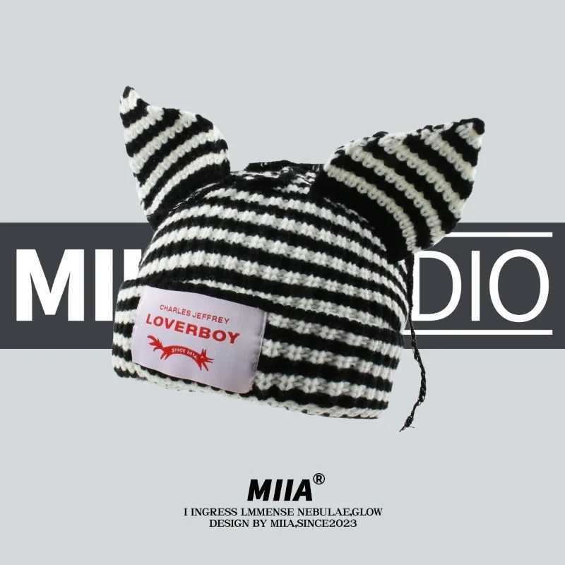Luxury Cat Ears Wool Hat Womens Autumn and Winter Stripes Thickened Warm Knitted Ear Protector Hat Pig Ears Cartoon Cute Pullover Hat Y251209