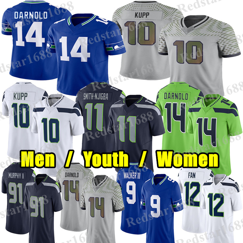 #10 Cooper Kupp Football Jersey #14 Sam Darnold Jaxon Smith-Njigba Kenneth Walker III Devon Witherspoon Drew Lock Demarcus Lawrence Byron Murphy II Grey Zabel jerseys