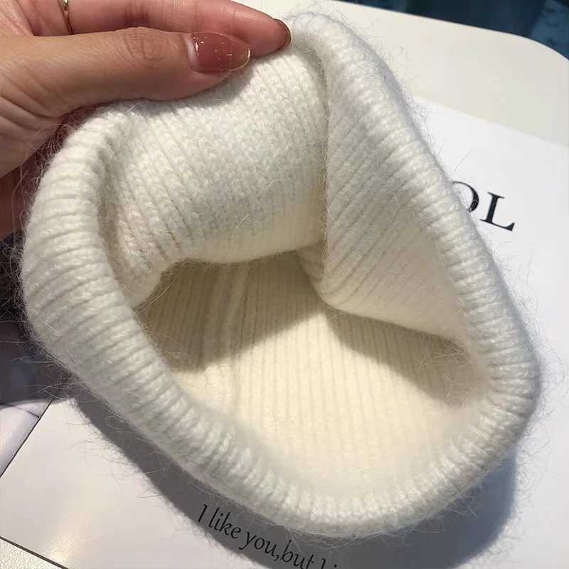Luxury 2024 Angora Knit Winter Hat For Womens Rabbit Fur Fluffy Knitted Beanies Korea Luxury Bonnet Female Soft Warm Skullies Beanies Y251209