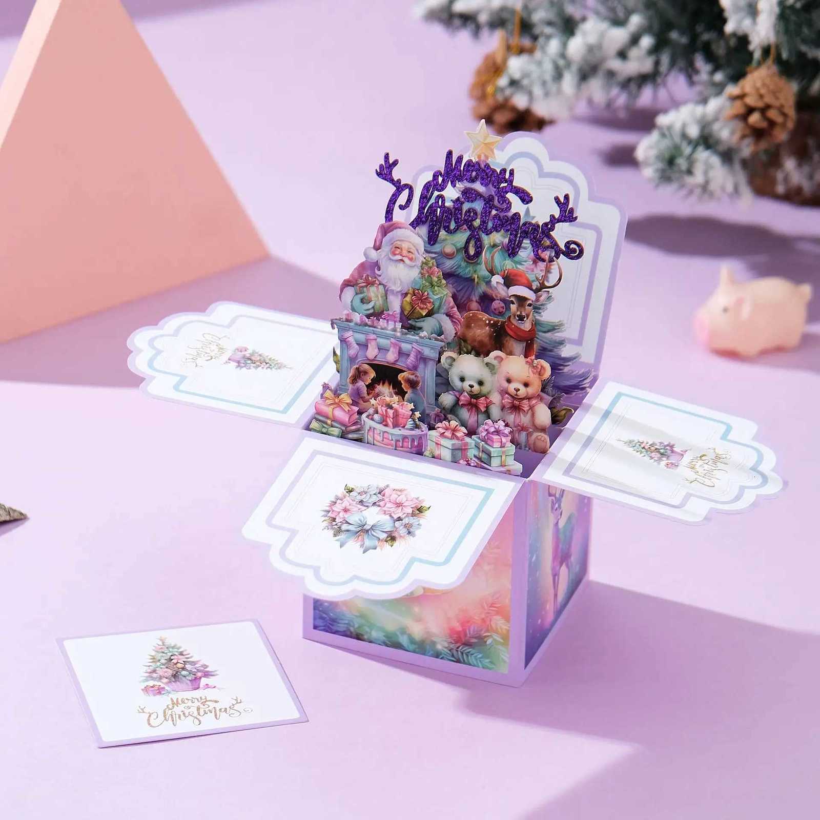 Creative Mticolor Christmas 3D Greeting Card Paper with Envelope Merry Christmas Postcard Up Ornaments Blessing Cards Gift H251210