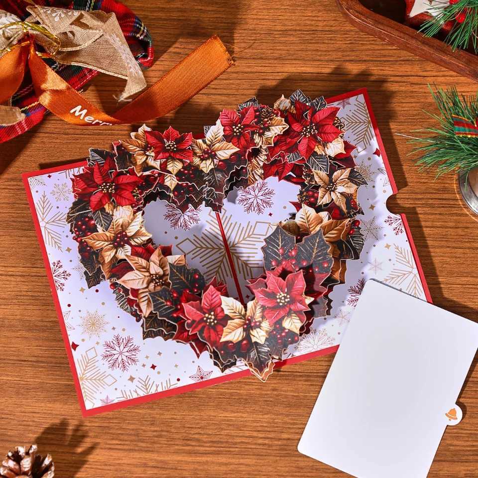 1pc Merry Christmas -Up Card Christmas Tree Woodland Reindeer Cardinal Poinsettia Greeting Card with Note Card and Envelop H251210