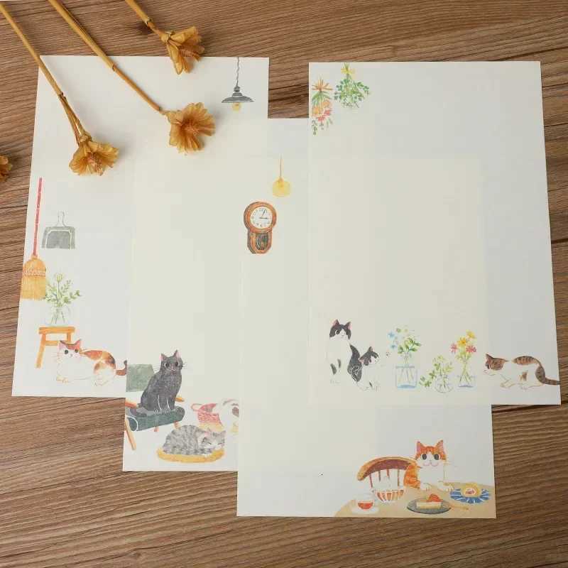9pcs/set Cartoon Cats Envelopes with Letter Pads Cute Letter Writing Paper Wedding Invitation Cards Postcards Cover Stationery H251210