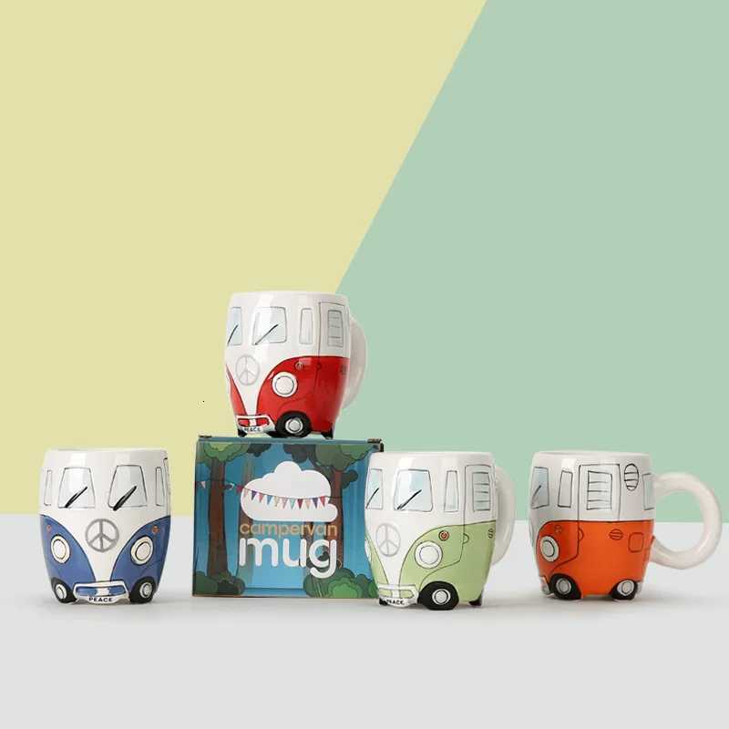 Creative Hand Painting Double Bus Mug Cartoon Ceramic Milk Tea Water Coffee Mugs Home Office School Drinkware Cup Novetly Gifts C251210