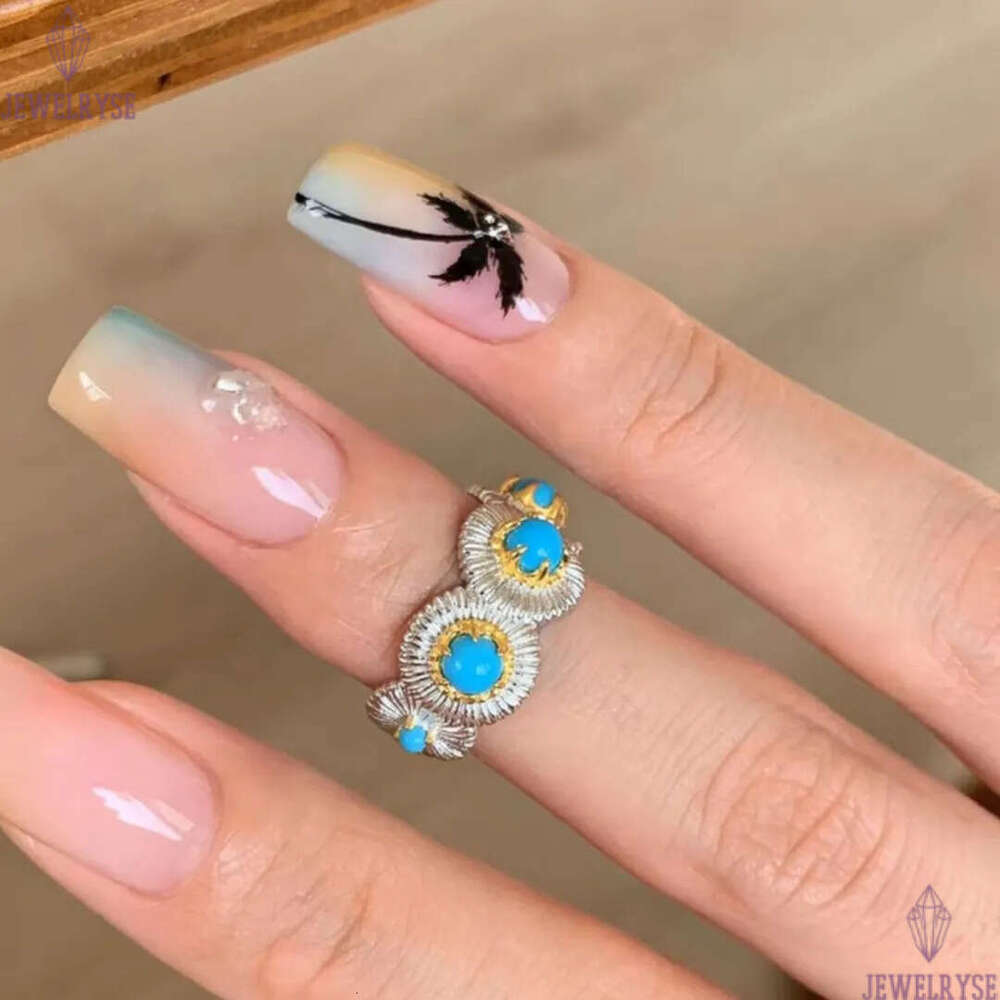 2025 summer new luxury blue turquoise daisy designer ring for women silver italy retro vintage charm elegant OL rings jewelry