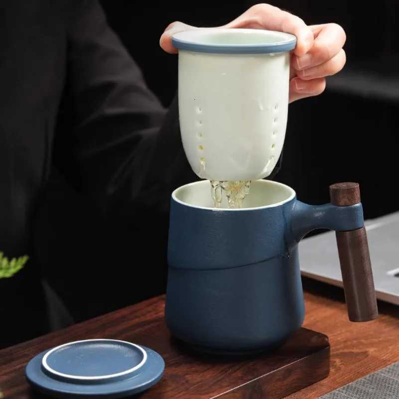 Black Ceramic Cup Wooden Handle Filter Tea Cup Ceramic Mug Creative Office Retro Water Cups and Mugs China Set Birthday Gift Box C251210