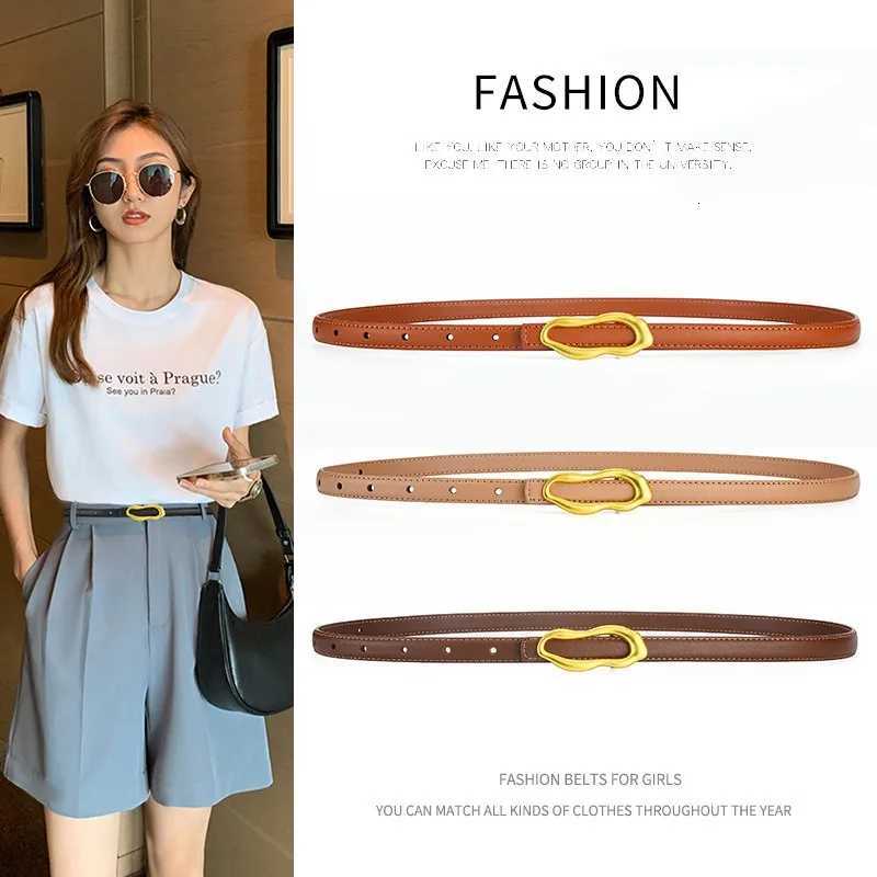 Luxury Fashionable womens thin belt 13cm womens leather denim belt simple and versatile style shiny gold buckle metal ring leat Y251210
