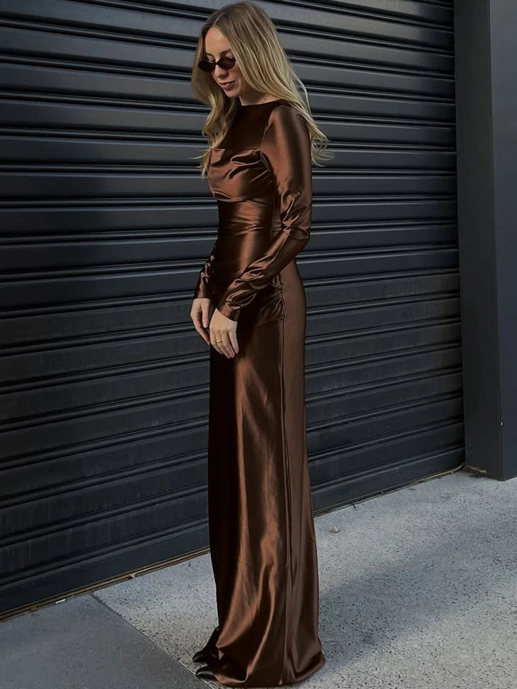 Nibber Satin Long Women - O-Neck, Full Sleeve, High Waist Ruched Casual Elegant Dress for Autumn Daily Wear C260312