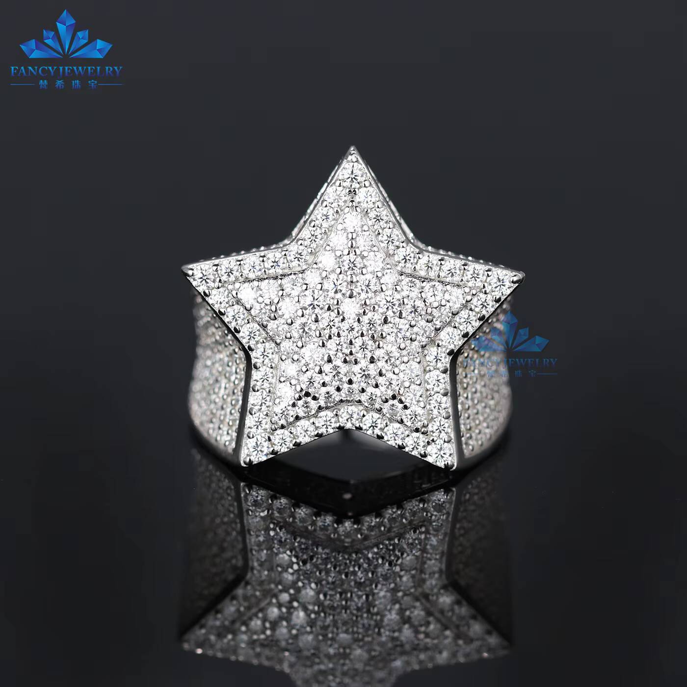 Hip Hop Iced 925 Silver Dazzling Sparkly Eternity Band Ring for Men 5 Stars VVS Moissanite GRA Rapper Tester Pass Diamond Test