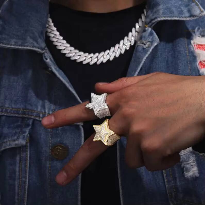 Best Selling Luxury Jewelry S925 Silver Set Moissanite 18K Gold Plated Ice Out Five-Pointed Star Hip-Hop Ring