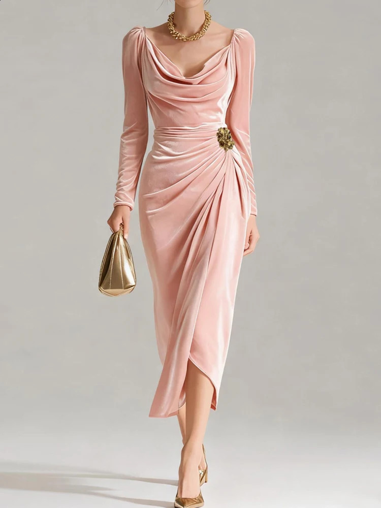 Office Lady Velvet Long Sleeve V-Neck Vintage Solid Mid-Length Draped Dress for Women - Elegant Autumn Winter Wear C260312