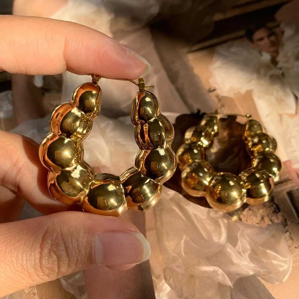 Vintage Punk Gold Plated Large Round Beaded Chunky Hoop Earrings for Women Lightweight Stainless Steel Hoops Statement JewelryXJ251210 - view 3