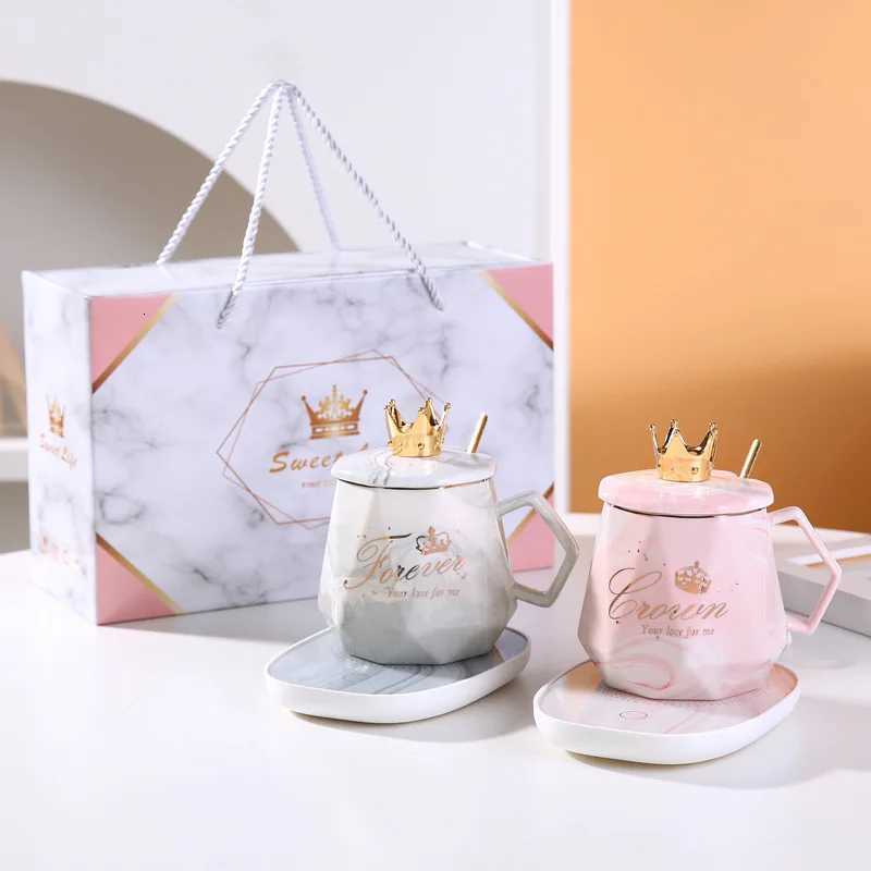 Smart Warming Mug With Marble Pattern 55C Ceramic Temperature Control Coffee Cup With Heating Pad Gift Set For Office Use Women C251210