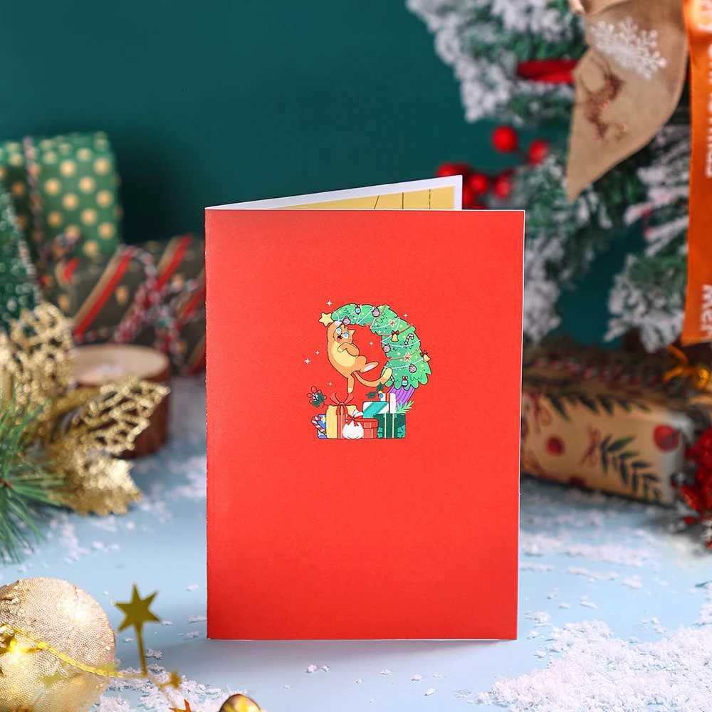 Christmas Greeting Card Crescent Shape Xmas Tree Gifts Cute Nauty Cat Greeting Cards Creative Party Invitation With Envelope H251210