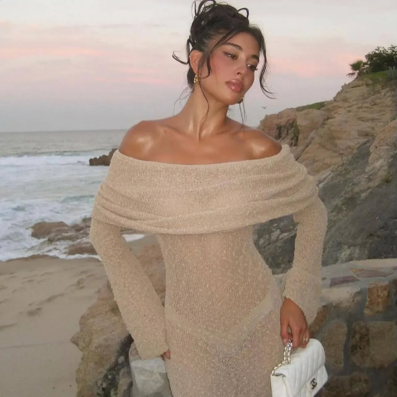 Sleeve Sexy Hollow Out Knitted Dresses Women Elegant Off Shoulder Knit Long Dress Party Evening See Through Robe Vestidos 251210 C260312