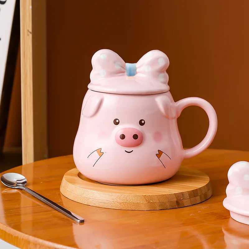Creative Ceramic Pig Cups Cartoon Coffee Cup Covered Spoon 3D Drinkware Breakfast Milk Mug Afternoon Tea Lover Mugs Couple Gift C251210