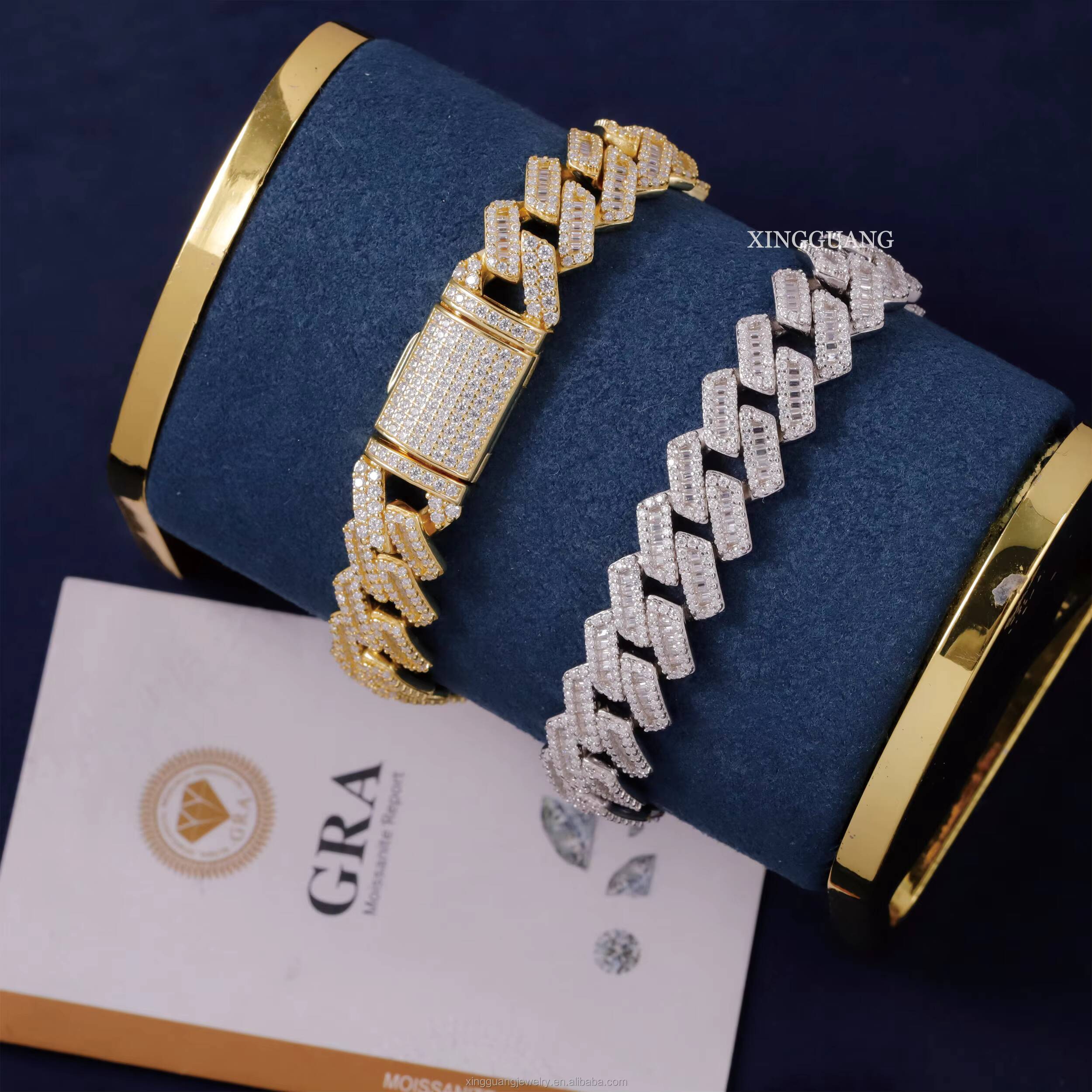 XingGuang 13mm Moissanite Cuban Link Chain VVS Baguette 925 Silver White Gold Plated Bracelet Hip Hop Cuban Chain