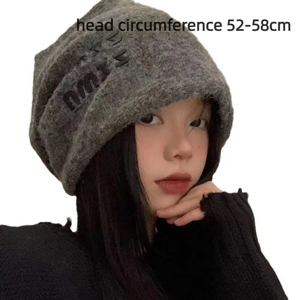 Luxury Japanese Slouchy Beanie Hat Big Size Soft Cold Hat Letter Face Slimming Warm Knit Cap For Daily Wear Y251209
